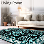 Black Aqua Floral Border Medallion Rug
