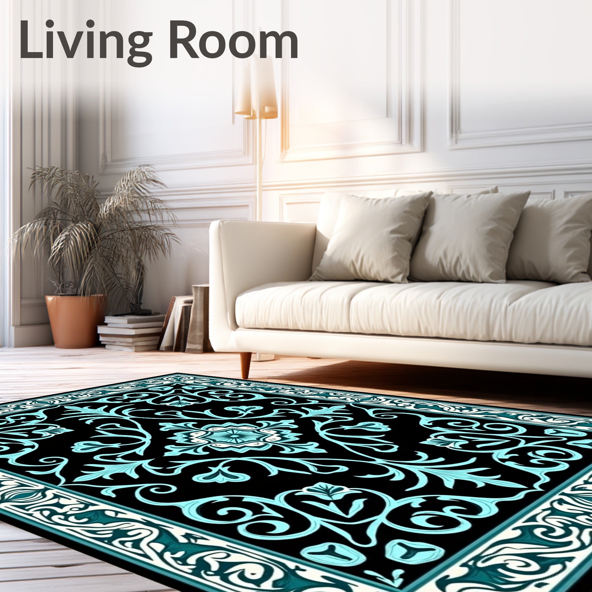Black Aqua Floral Border Medallion Rug