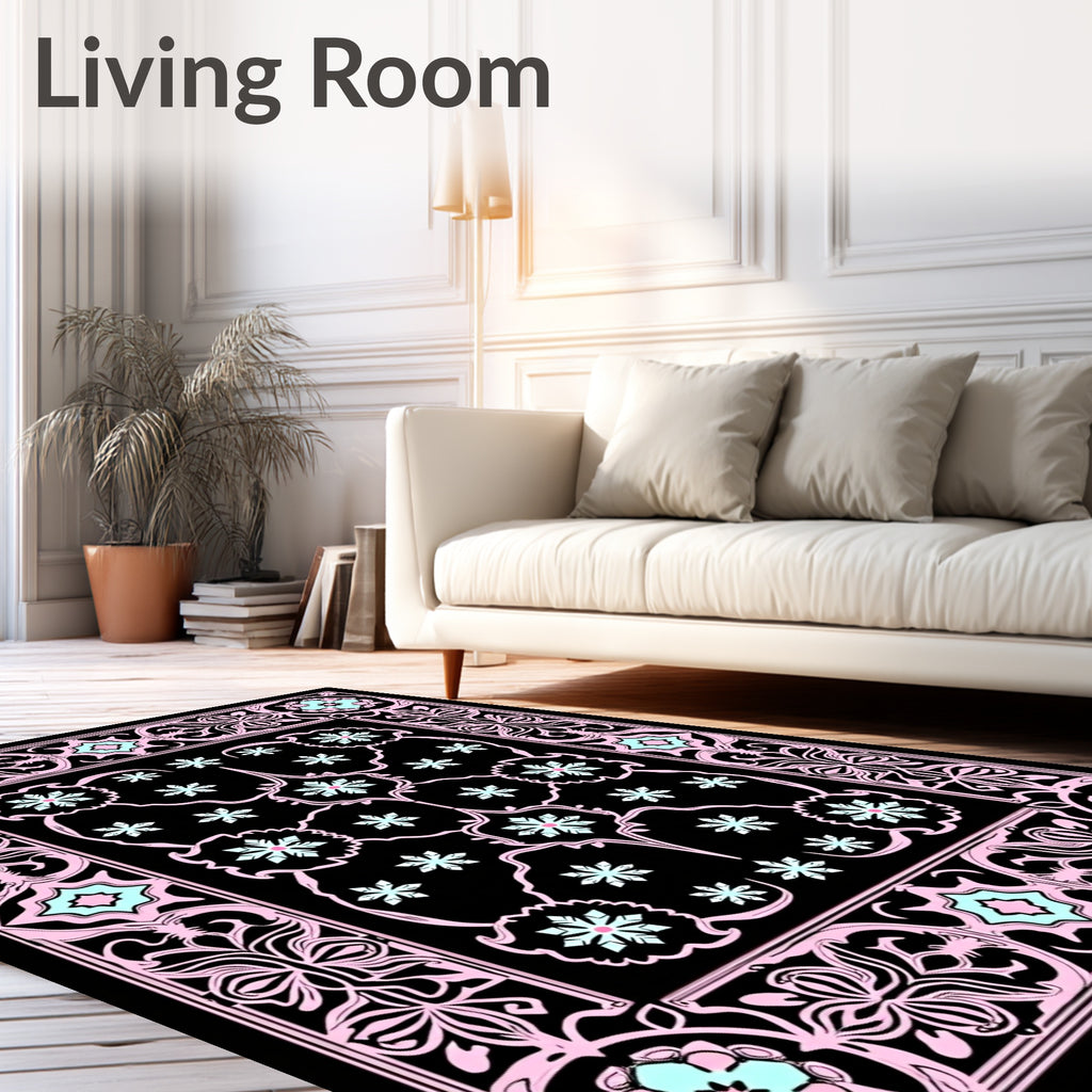 Pastel Pink Floral Black Medallion Rug
