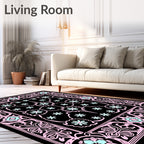 Pastel Pink Floral Black Medallion Rug
