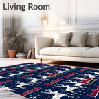 White Reindeer Sleigh Navy Blue Holiday Rug