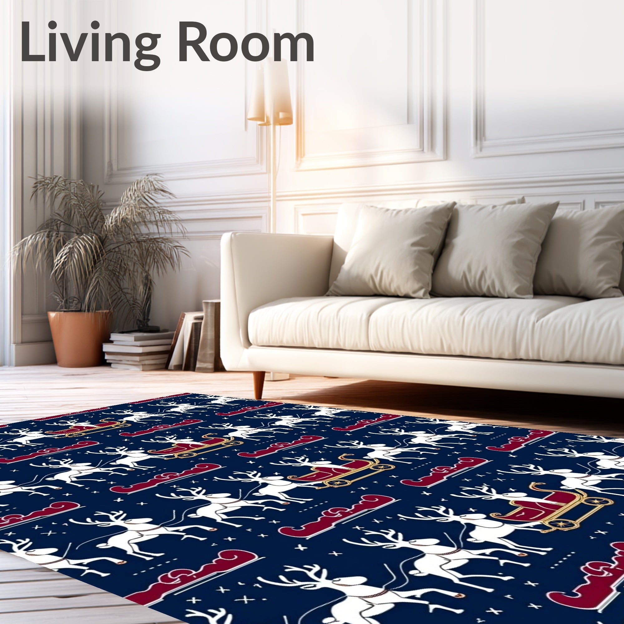 White Reindeer Sleigh Navy Blue Holiday Rug