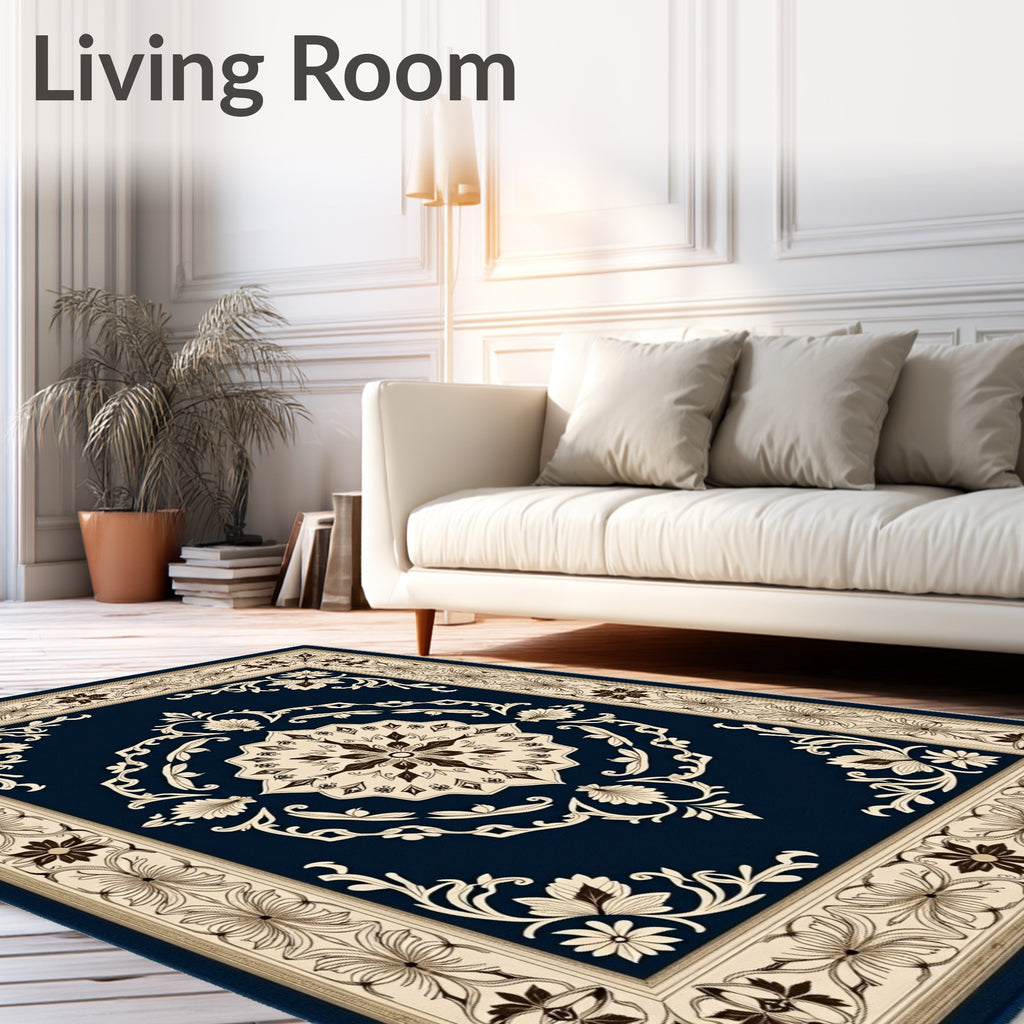Ornate Indigo Cream Floral Field Rug