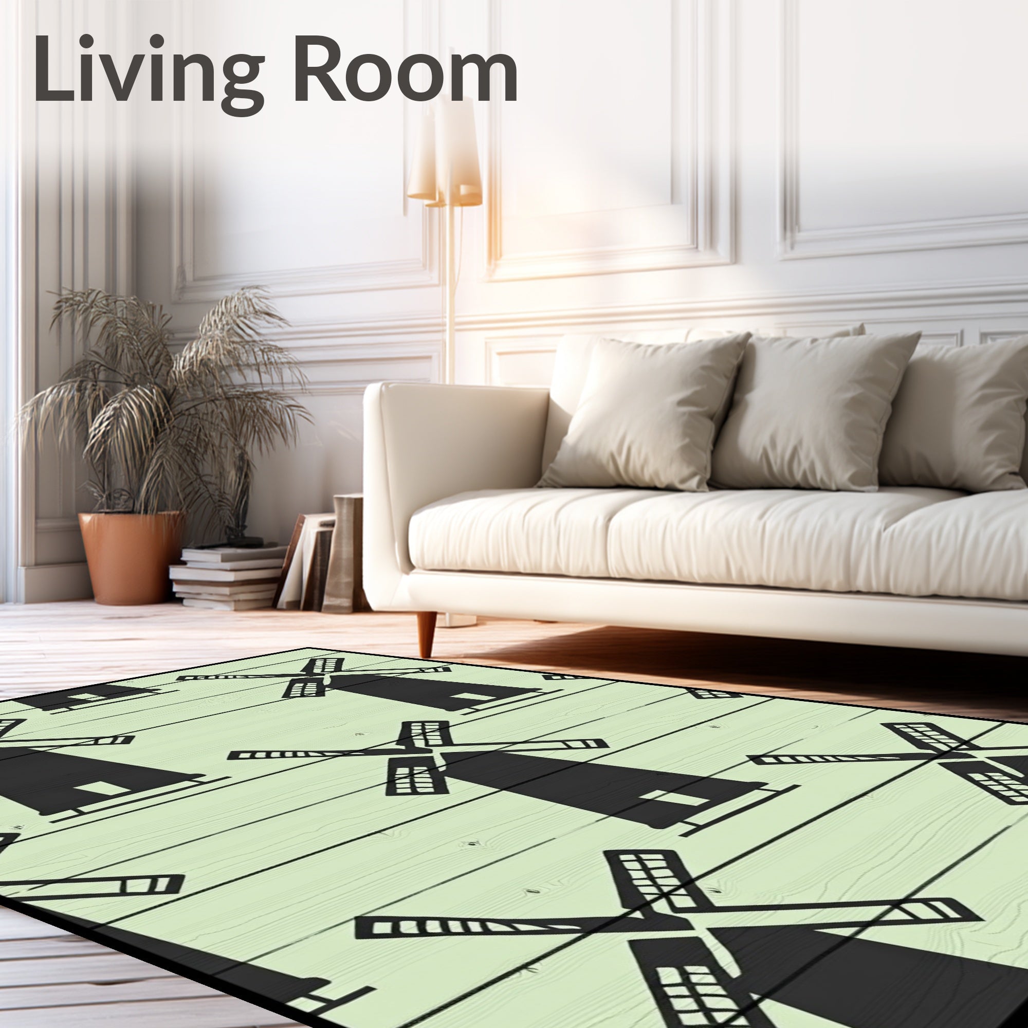 Black Windmill Silhouette Pale Green Background Rug