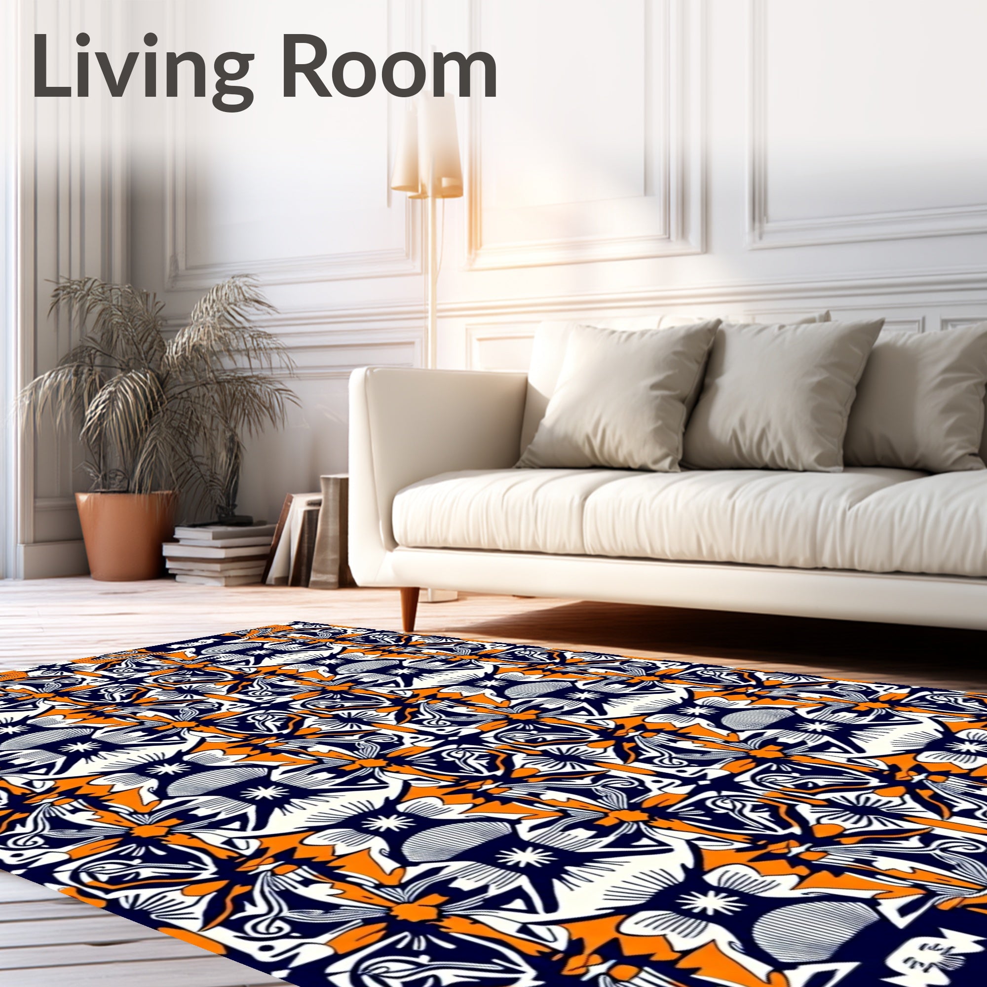 Vibrant Orange Navy Floral Medallion Rug