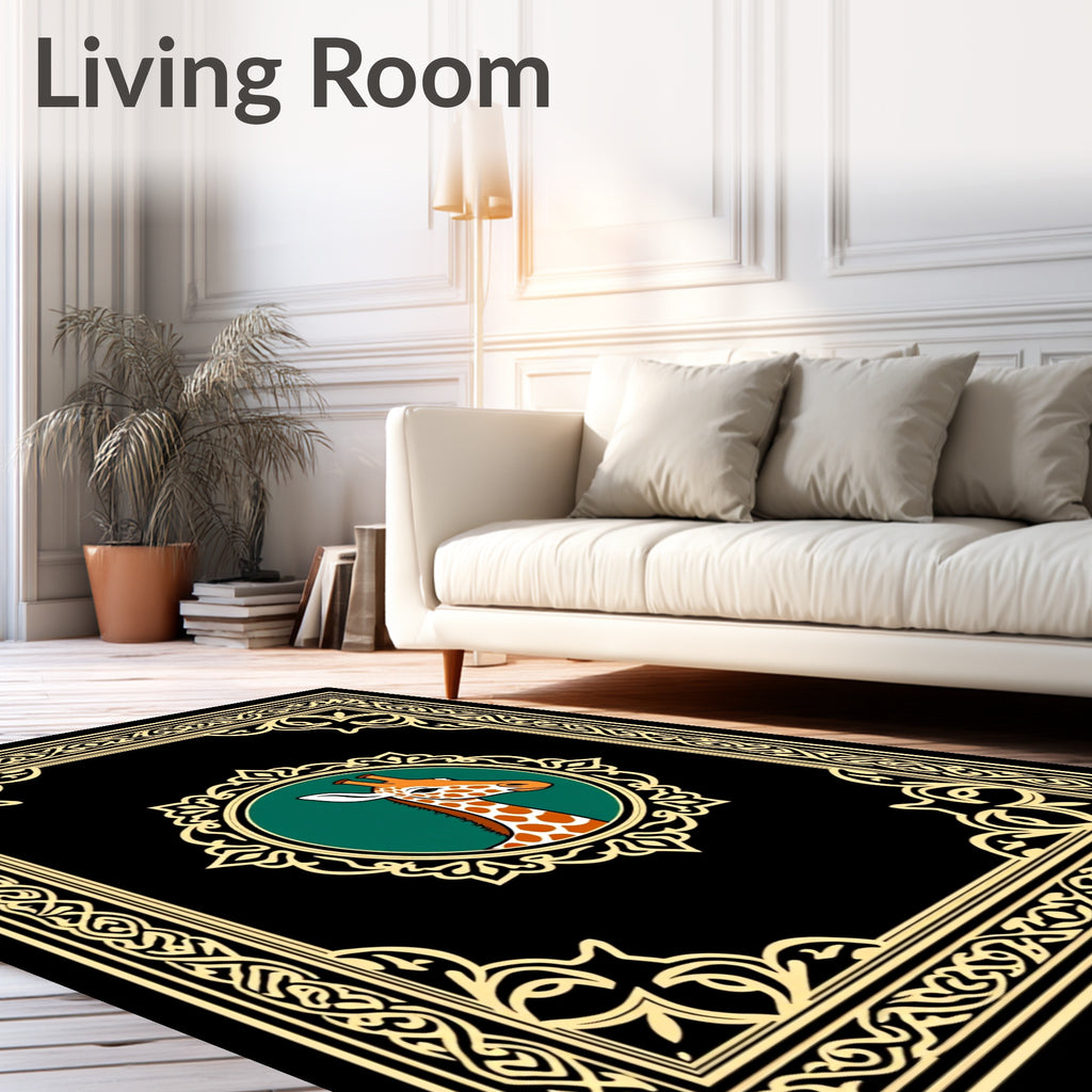 Elegant Giraffe Portrait Black Emerald Border Rug