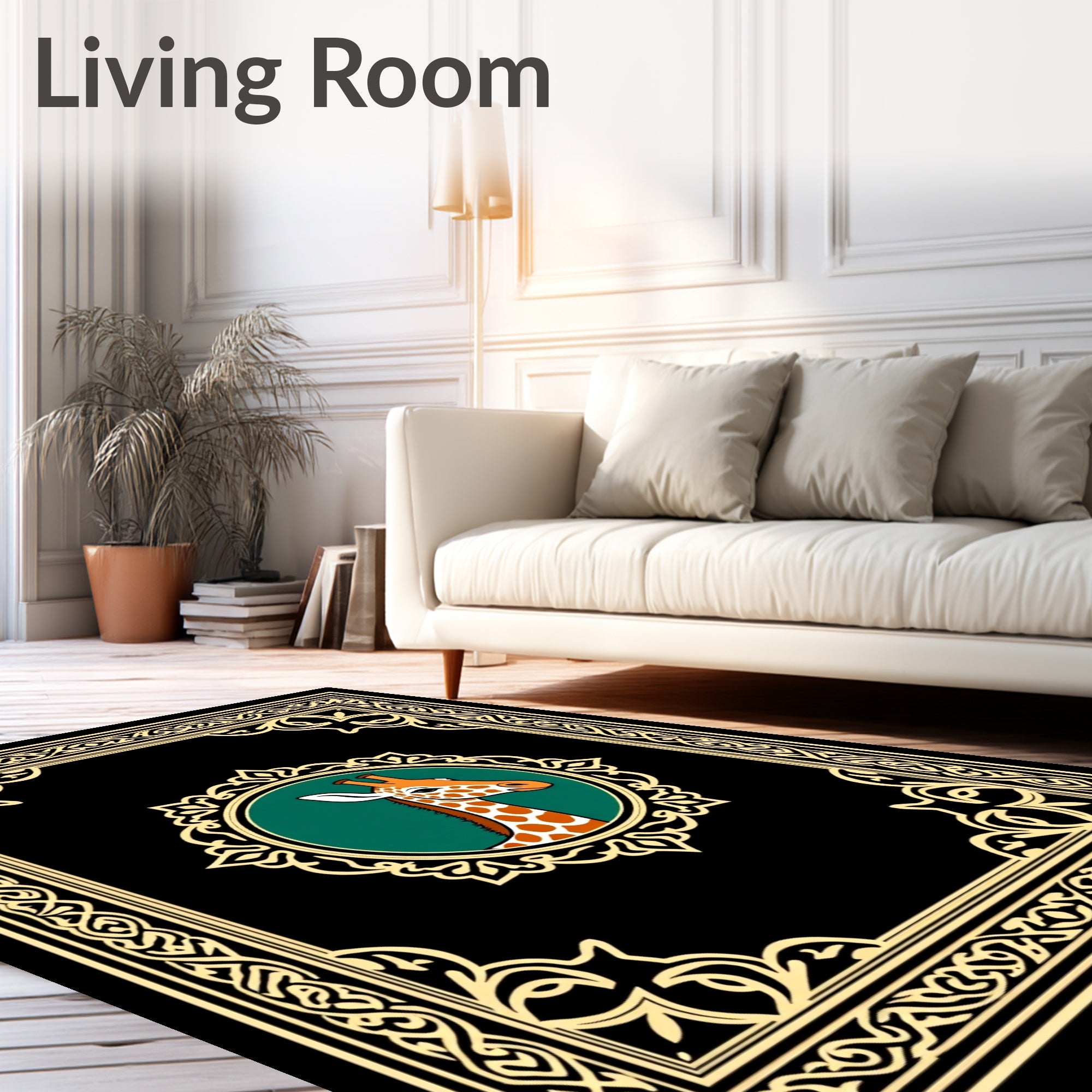 Elegant Giraffe Portrait Black Emerald Border Rug