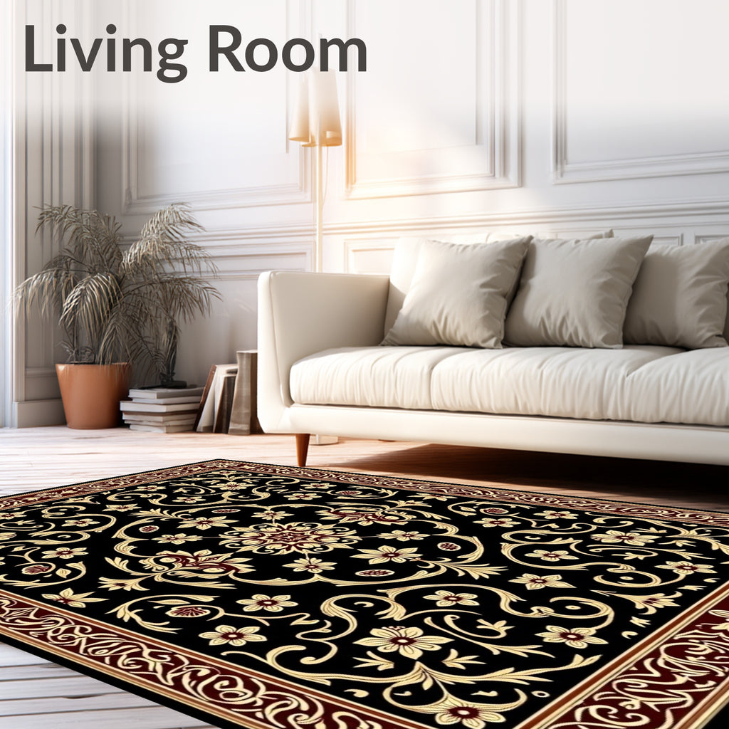 Black and Gold Floral Scroll Rug