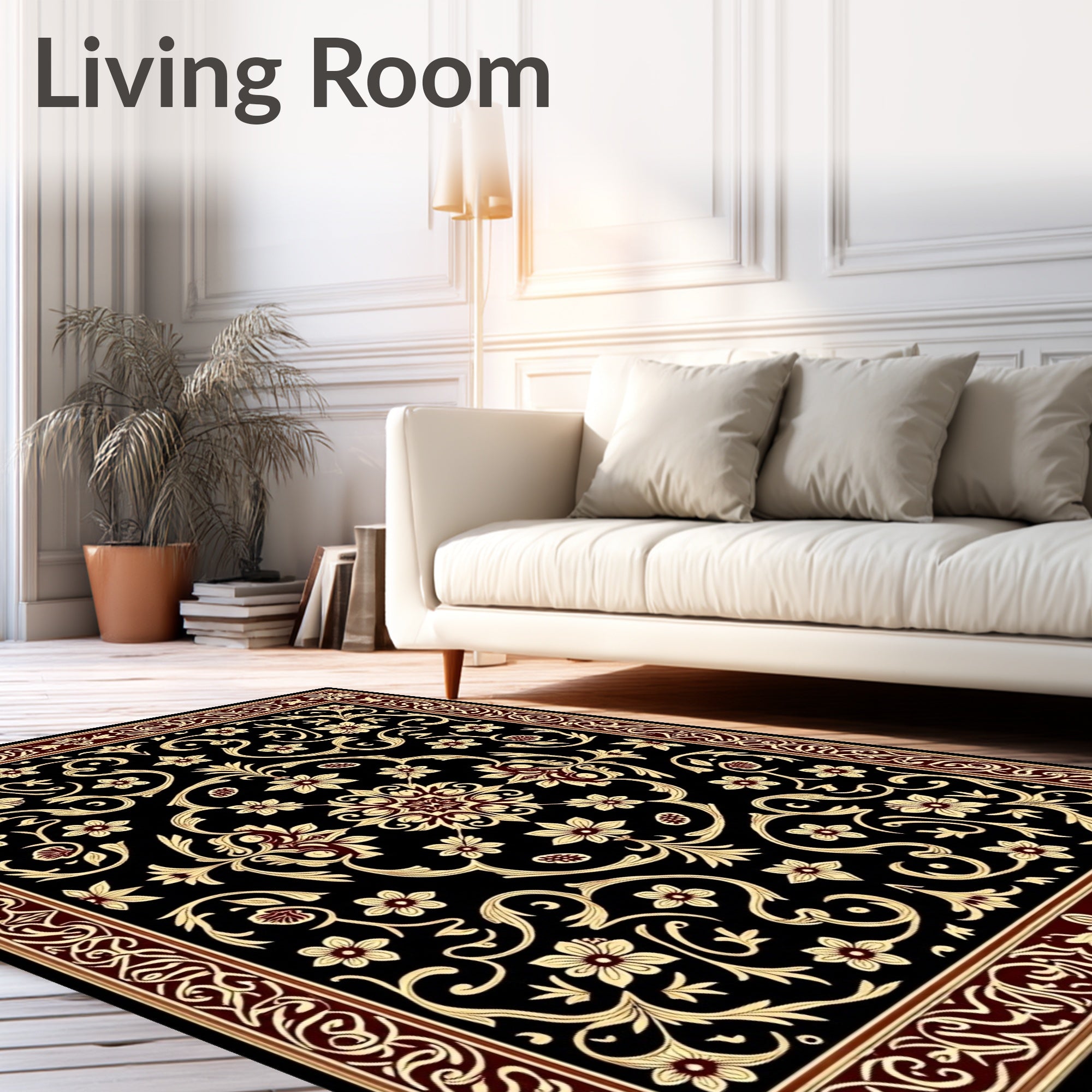 Black and Gold Floral Scroll Rug