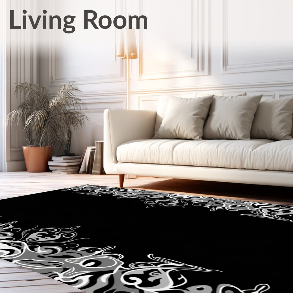 Monochrome Swirl Border Abstract Rug
