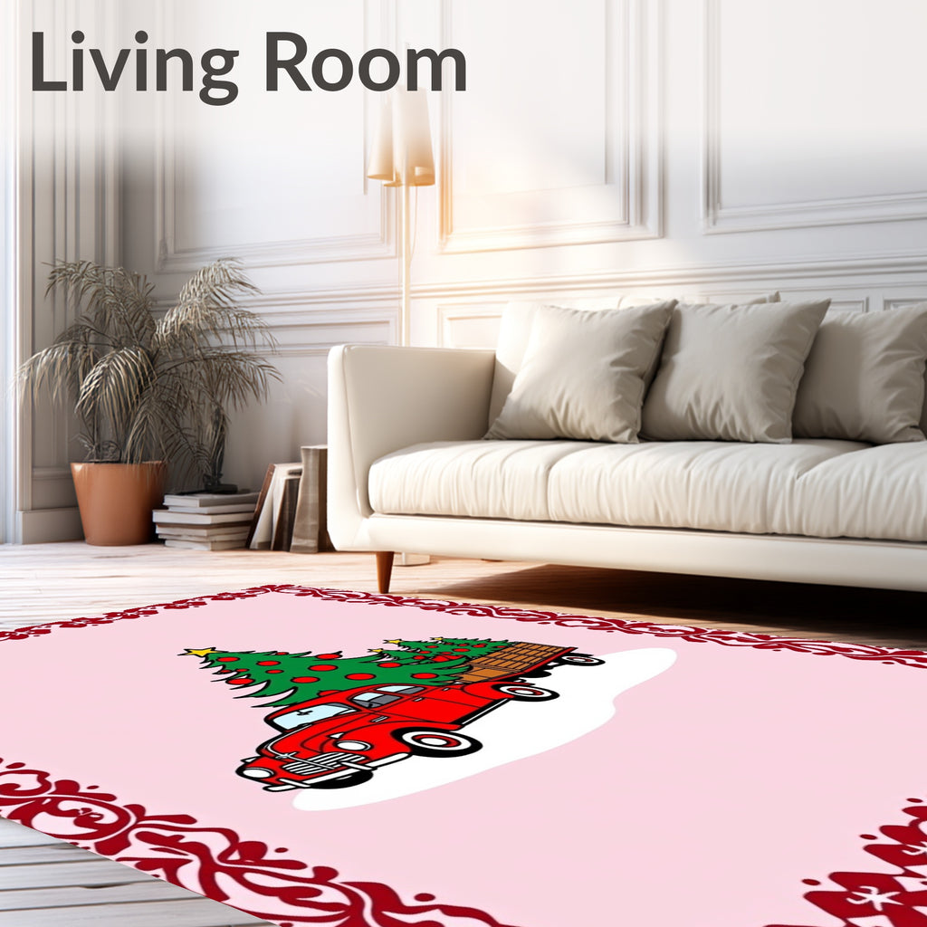 Red Vintage Truck Christmas Trees Border Rug