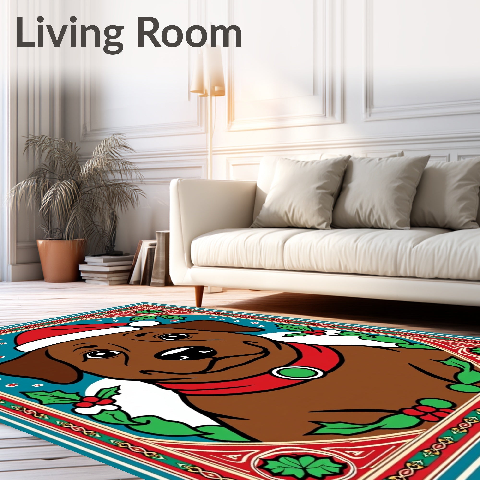 Festive Brown Dog Christmas Holly Frame Rug