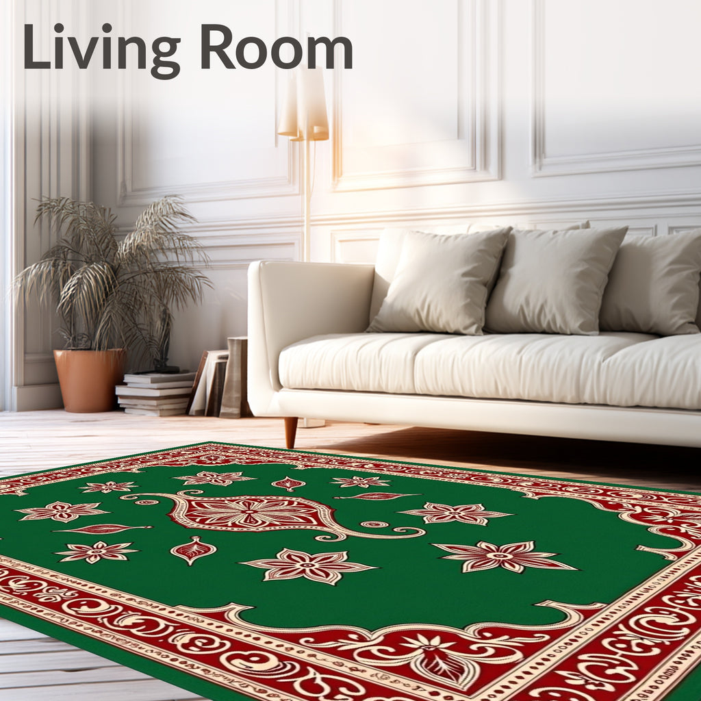 Crimson Green Floral Arabesque Border Rug