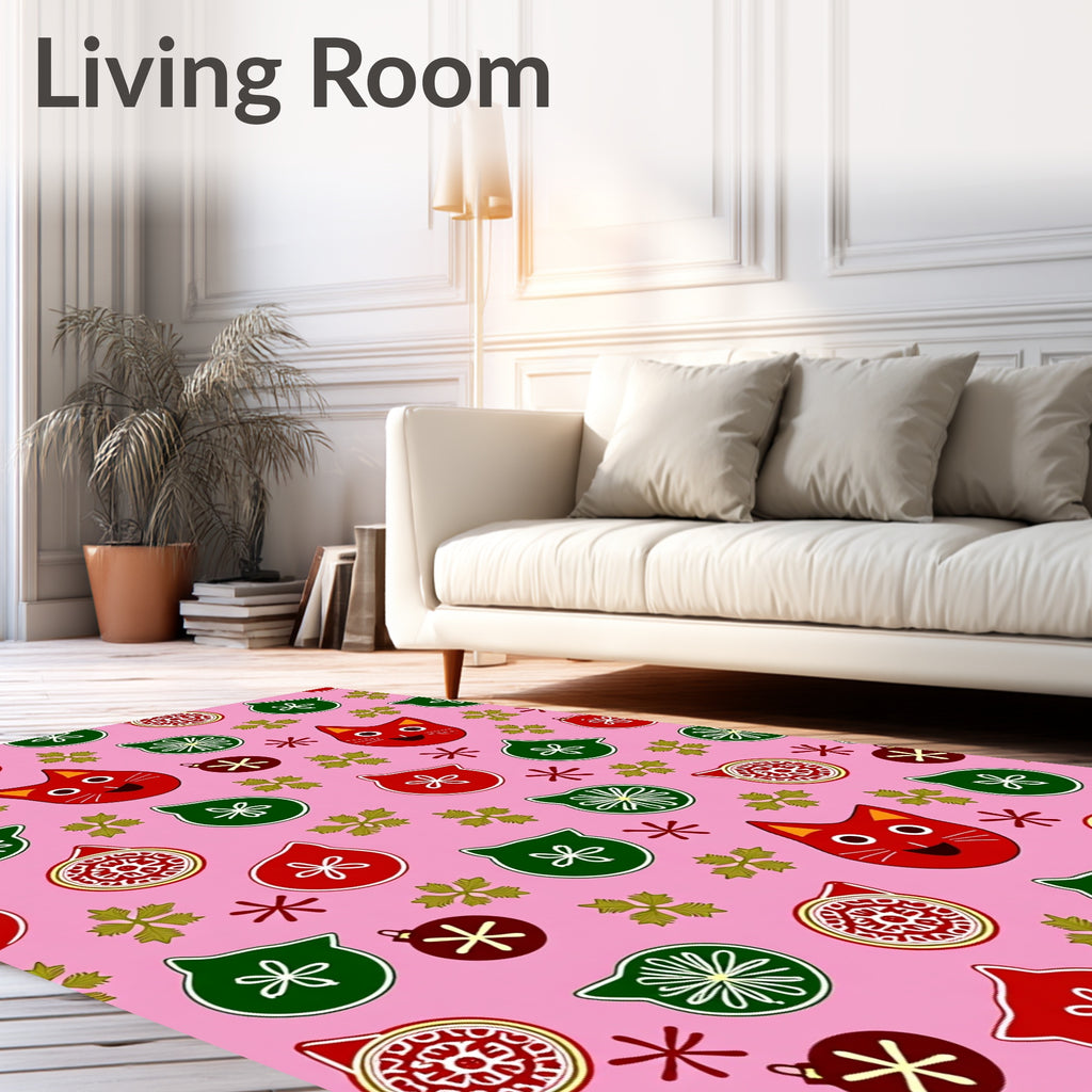 Whimsical Red Cat Holiday Ornaments Rug