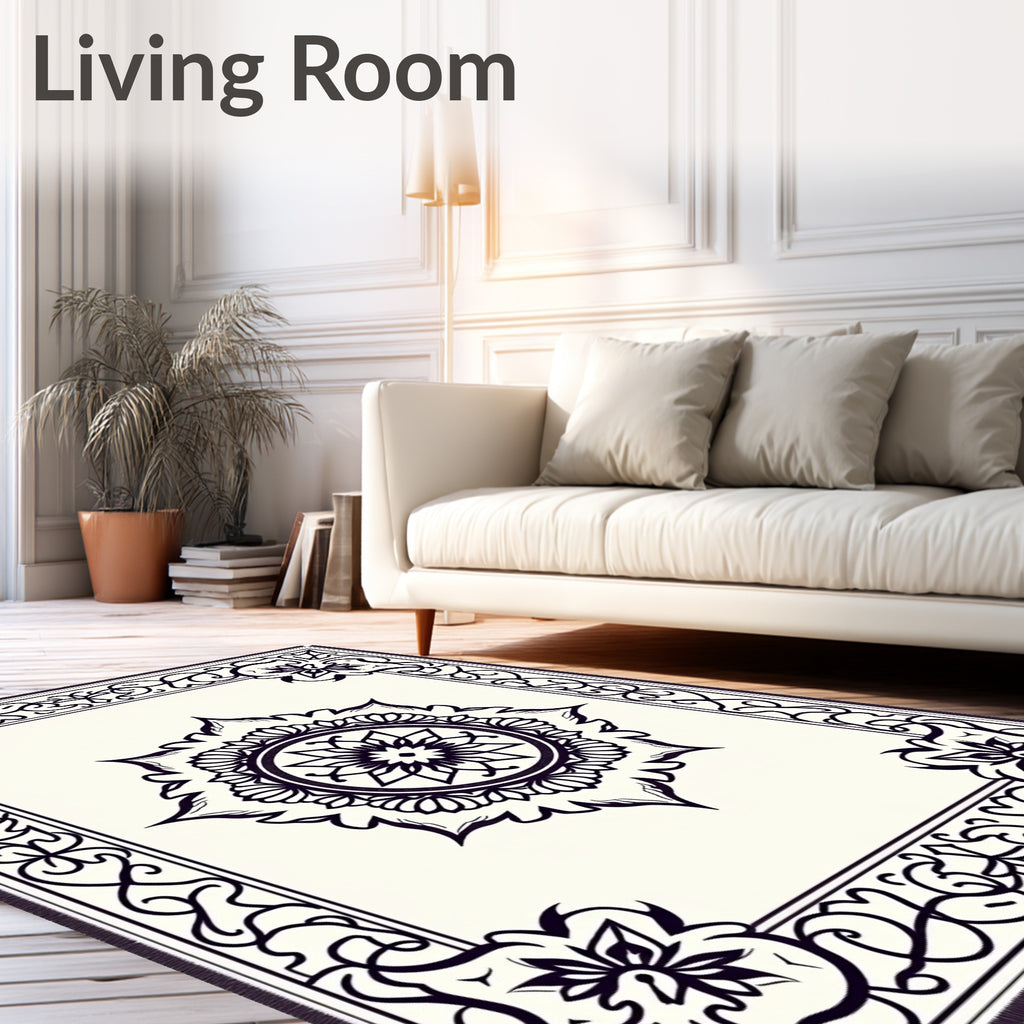 Intricate Black Mandalas Cream Medallion Rug
