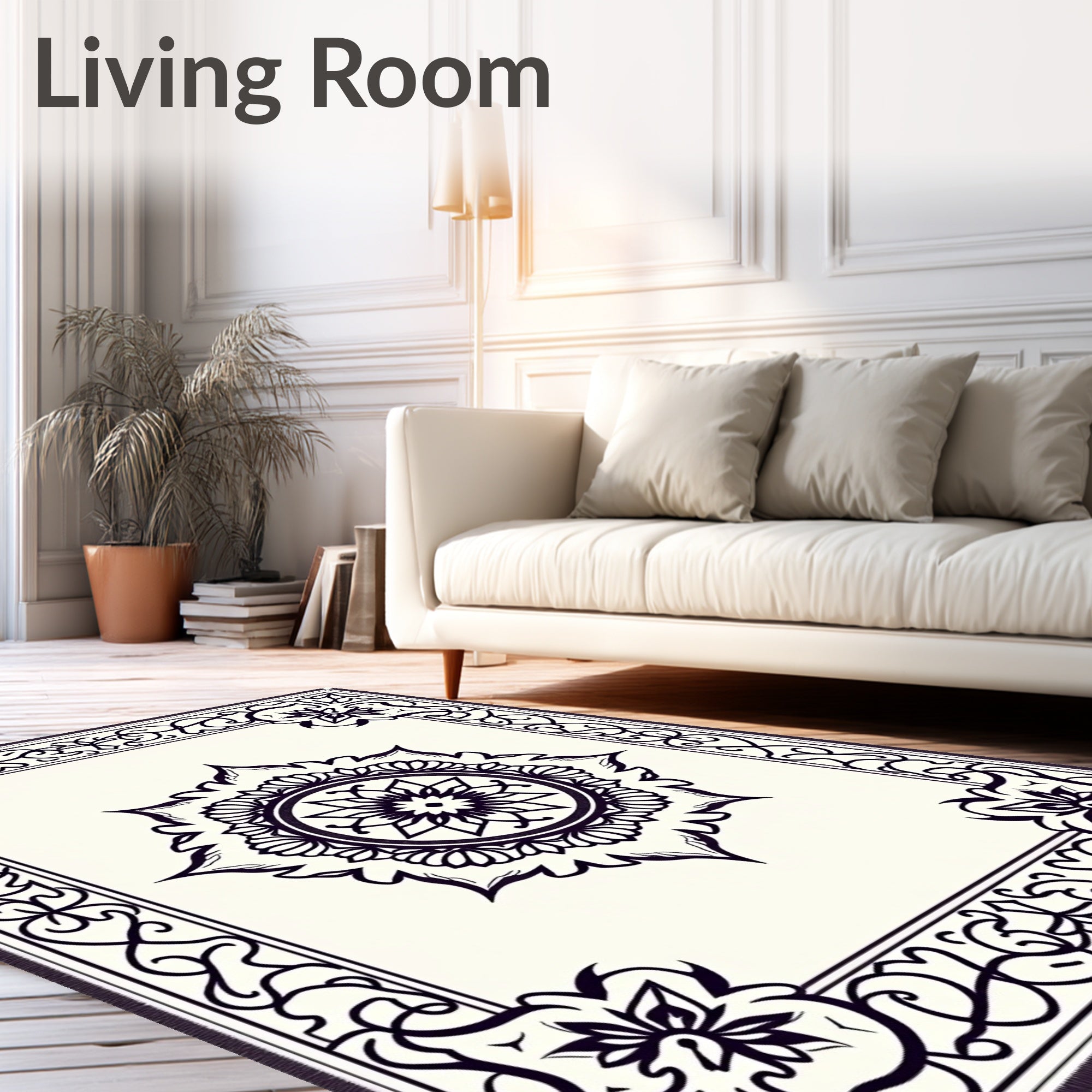 Intricate Black Mandalas Cream Medallion Rug