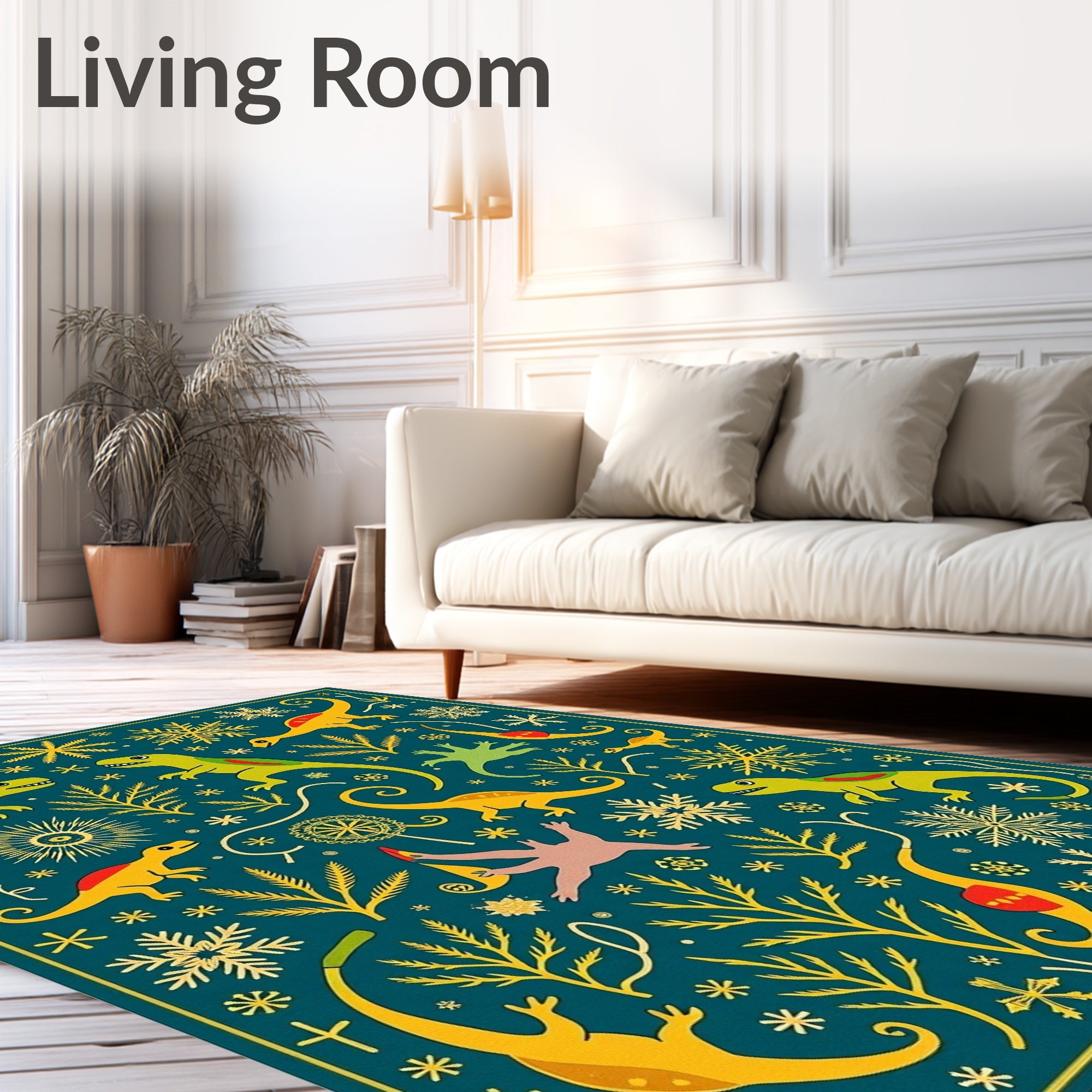 Whimsical Dinosaur Snowflake Jungle Rug