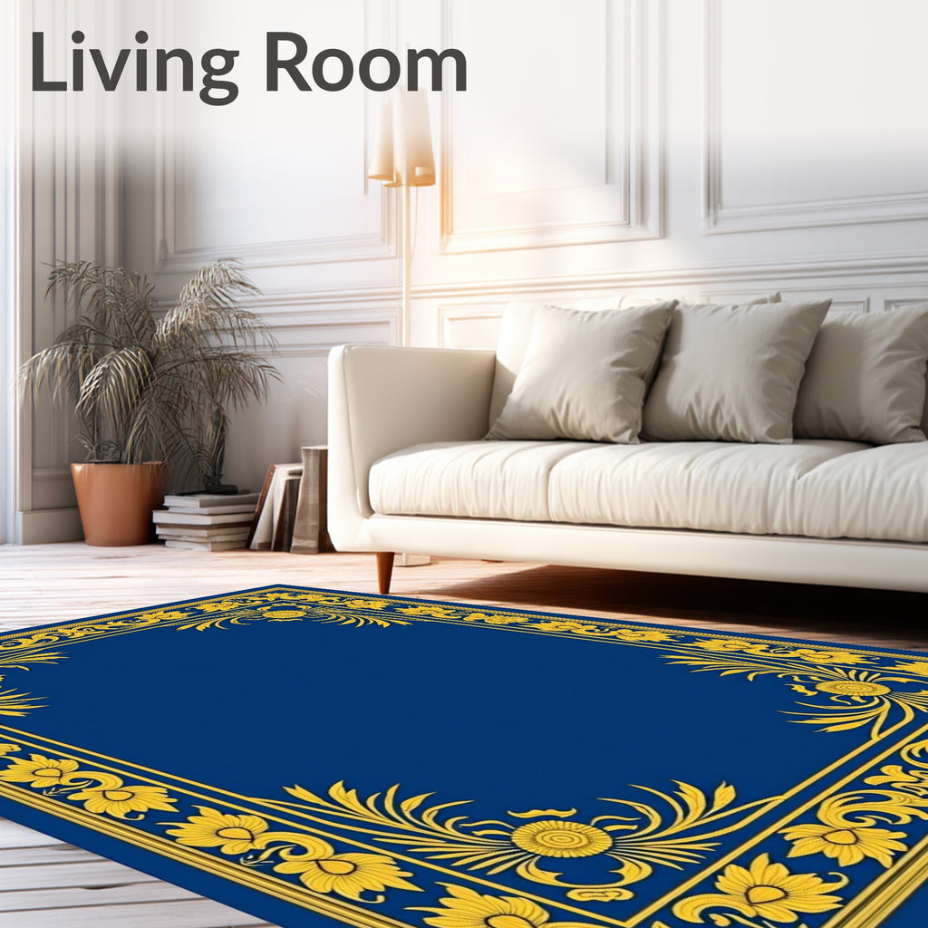 Royal Blue Golden Floral Scroll Frame Rug