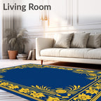Royal Blue Golden Floral Scroll Frame Rug