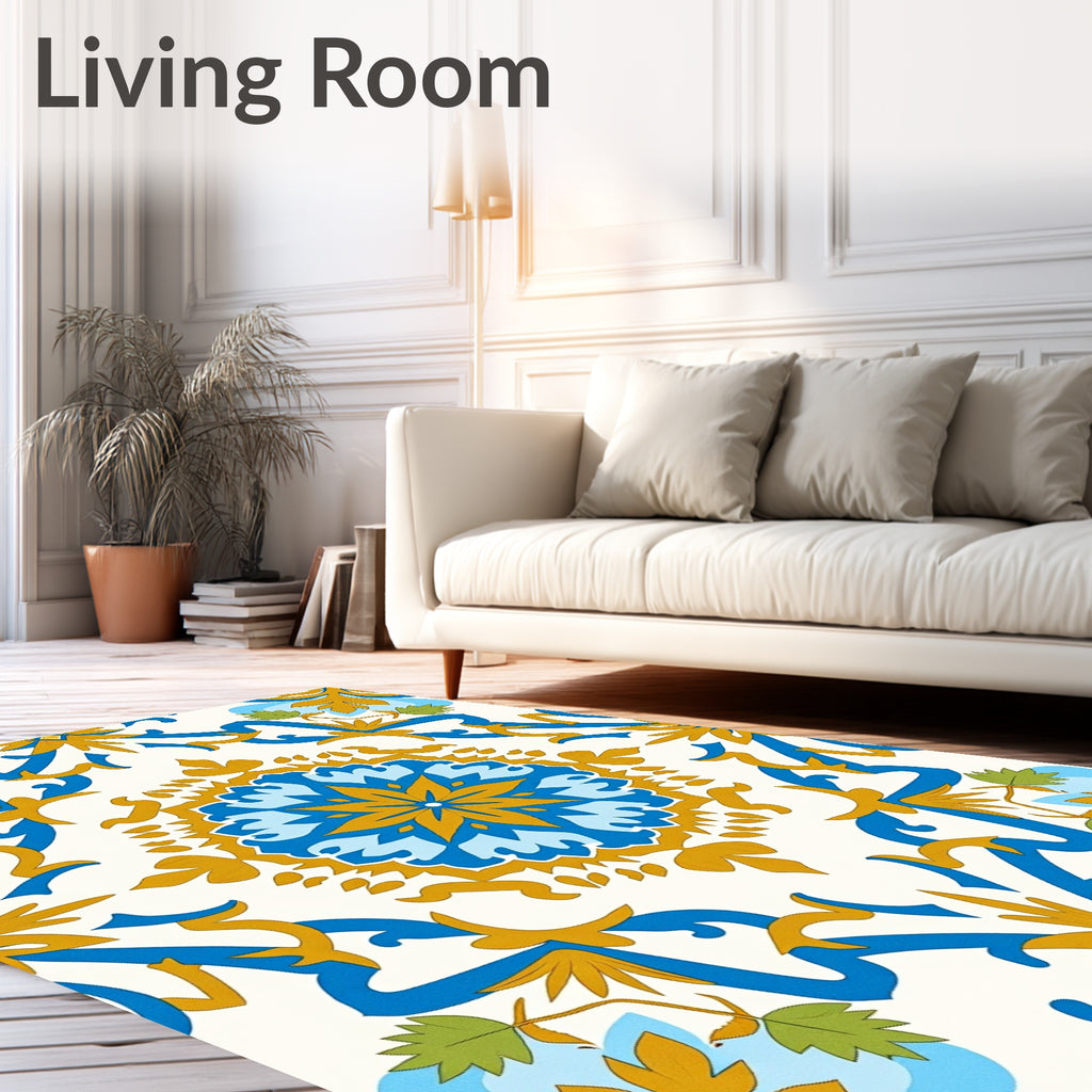 Radiant Blue Golden Floral Medallion Rug
