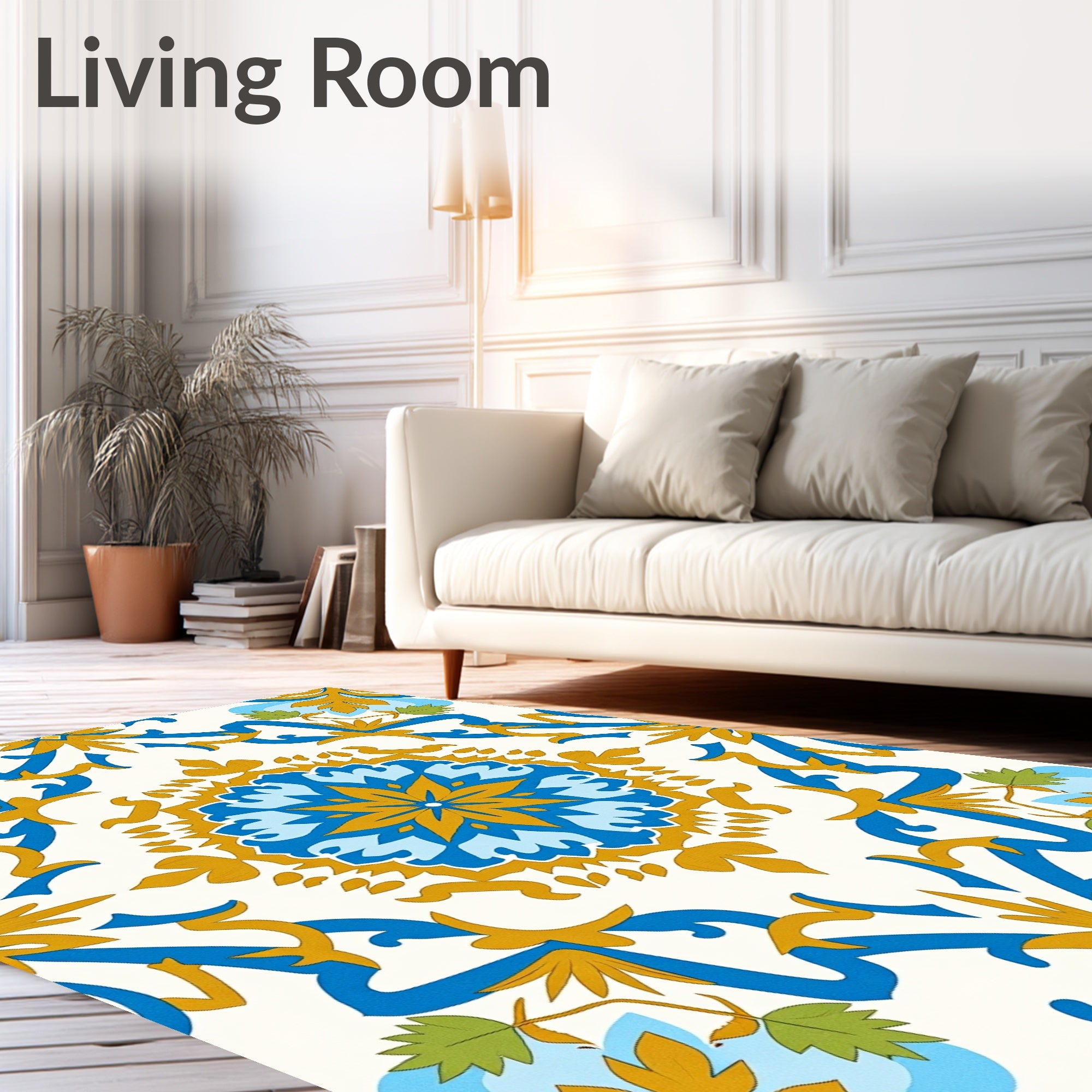Radiant Blue Golden Floral Medallion Rug