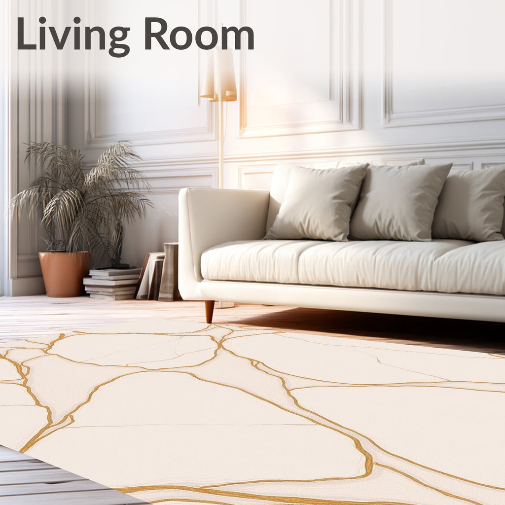 Cream And Gold Veined Abstract Rug