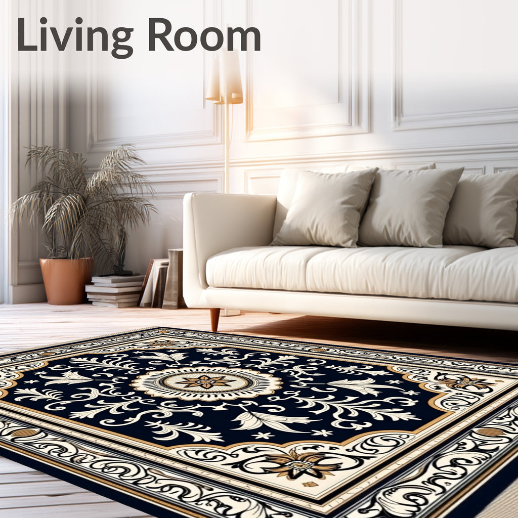 Dark Navy Floral Medallion Border Rug