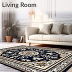 Dark Navy Floral Medallion Border Rug