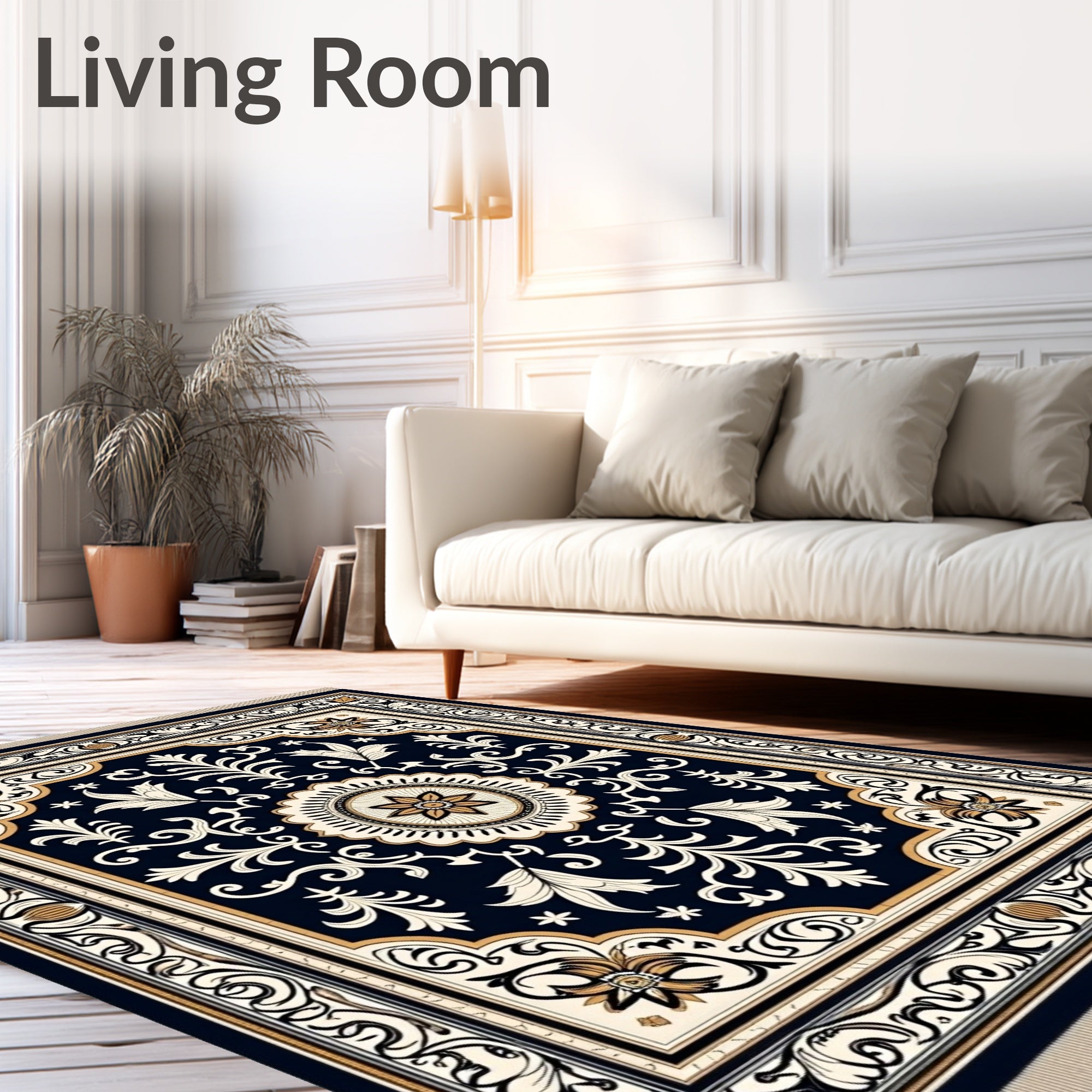 Dark Navy Floral Medallion Border Rug