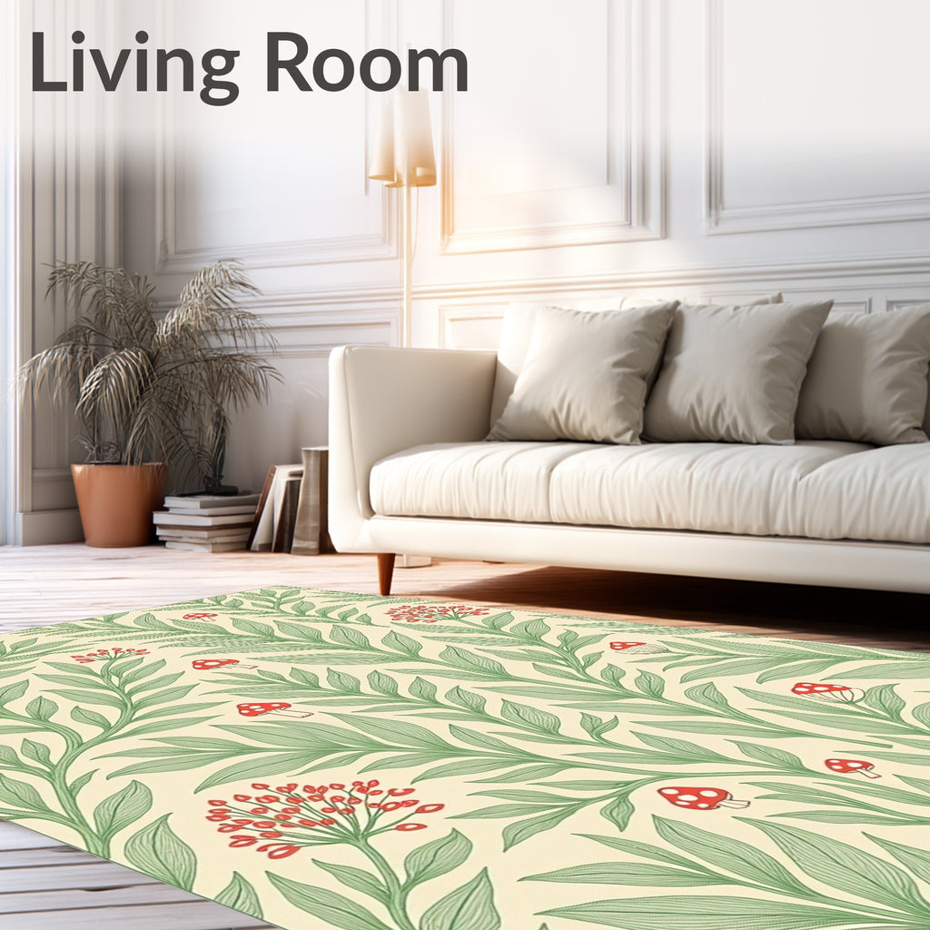 Whimsical Red Mushroom Green Leafy Vines Rug
