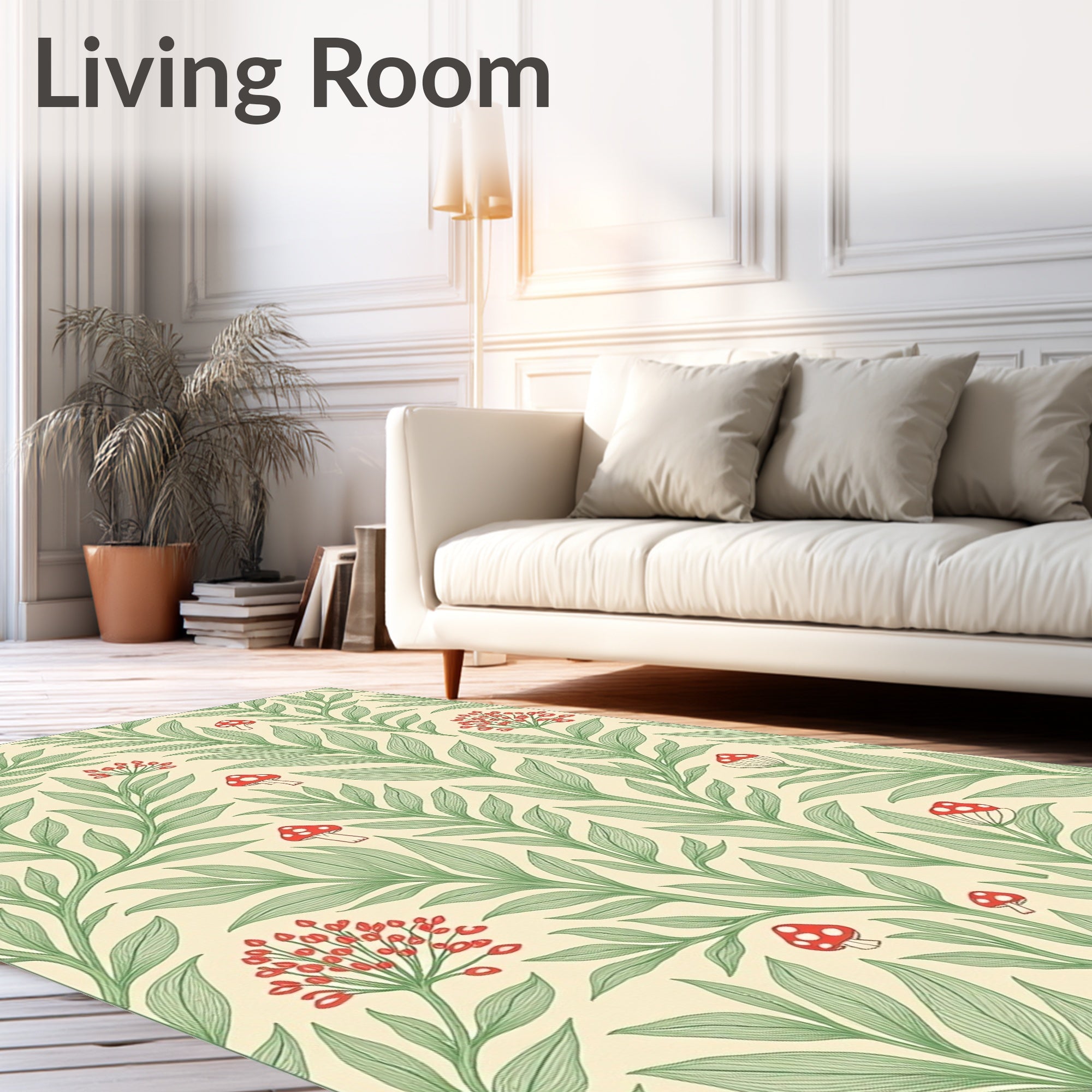 Whimsical Red Mushroom Green Leafy Vines Rug
