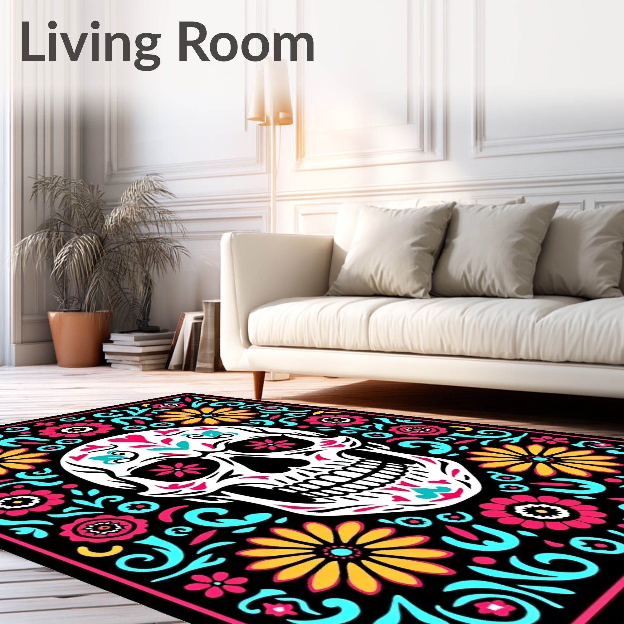 Vibrant Skull Floral Swirl Rug
