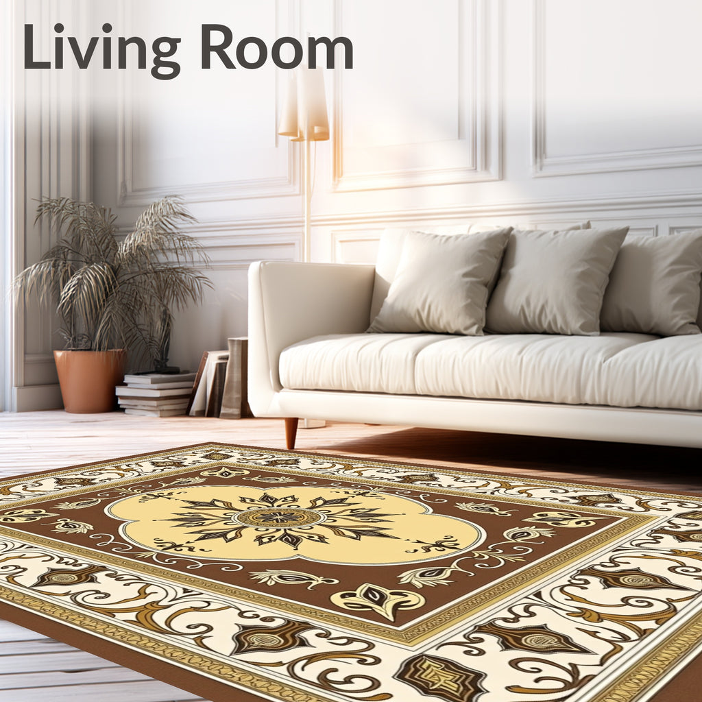 Brown Cream Floral Medallion Border Rug