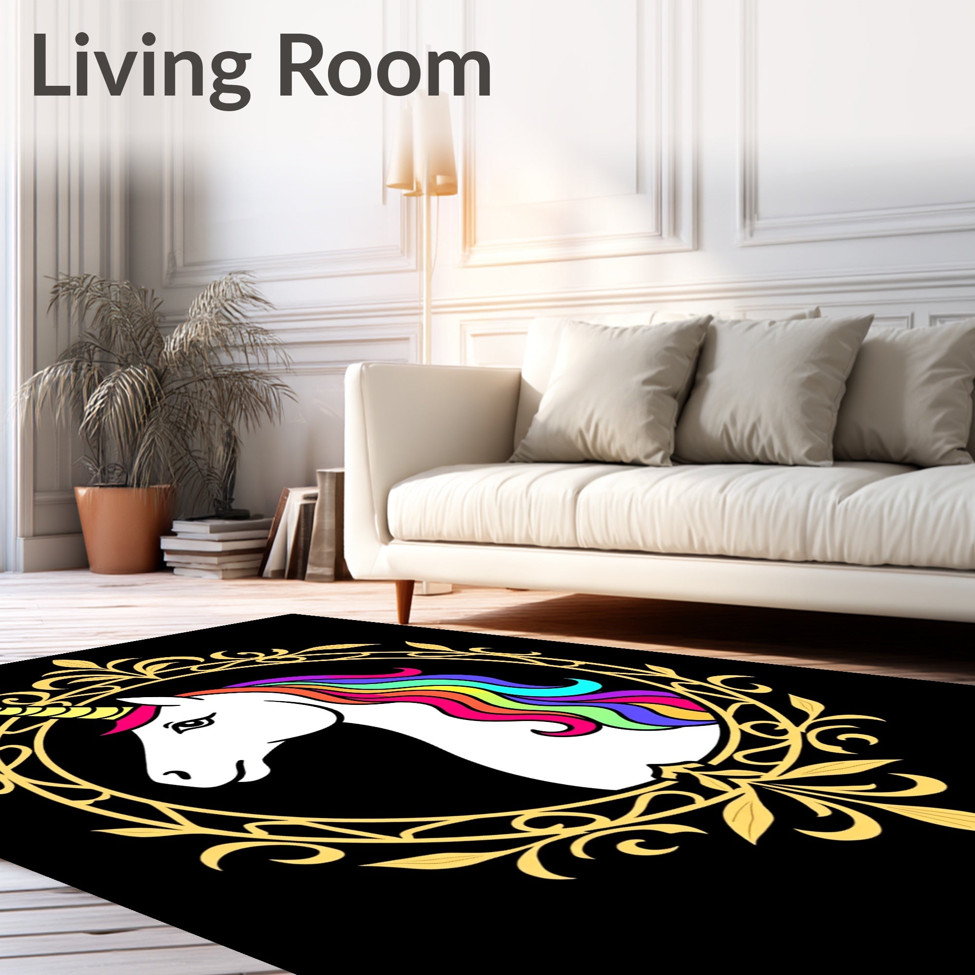 Golden Unicorn Rainbow Mane Oval Rug