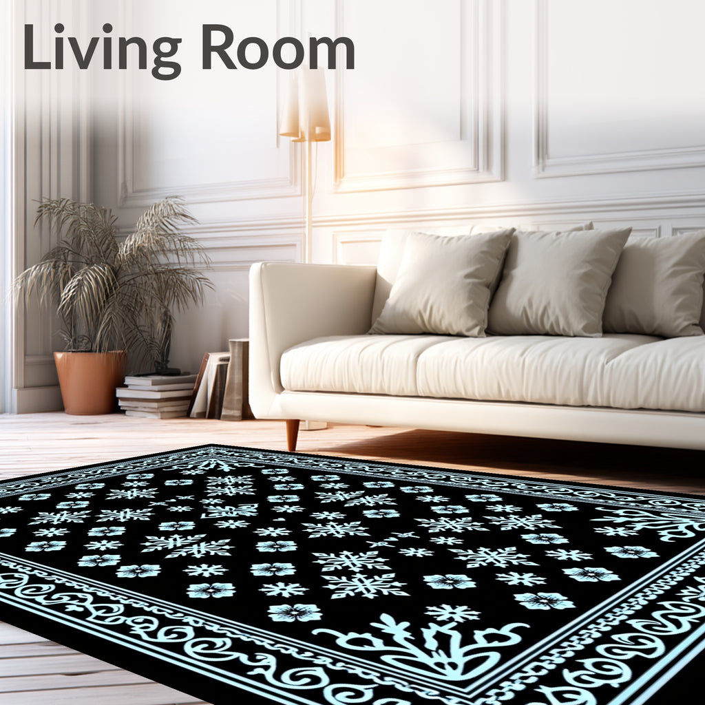 Aqua Snowflake Blooms Border Rug