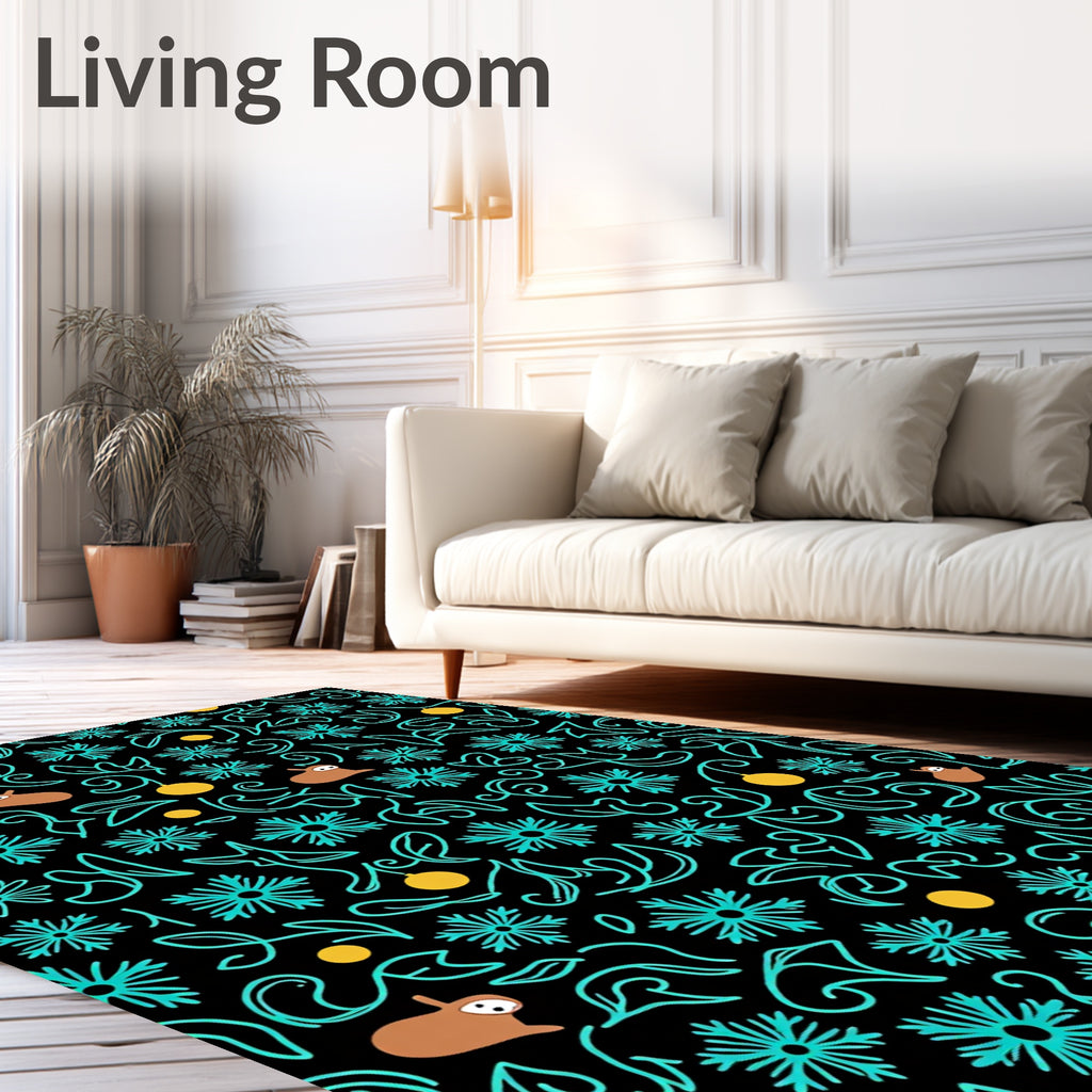 Whimsical Brown Critter Teal Swirl Rug