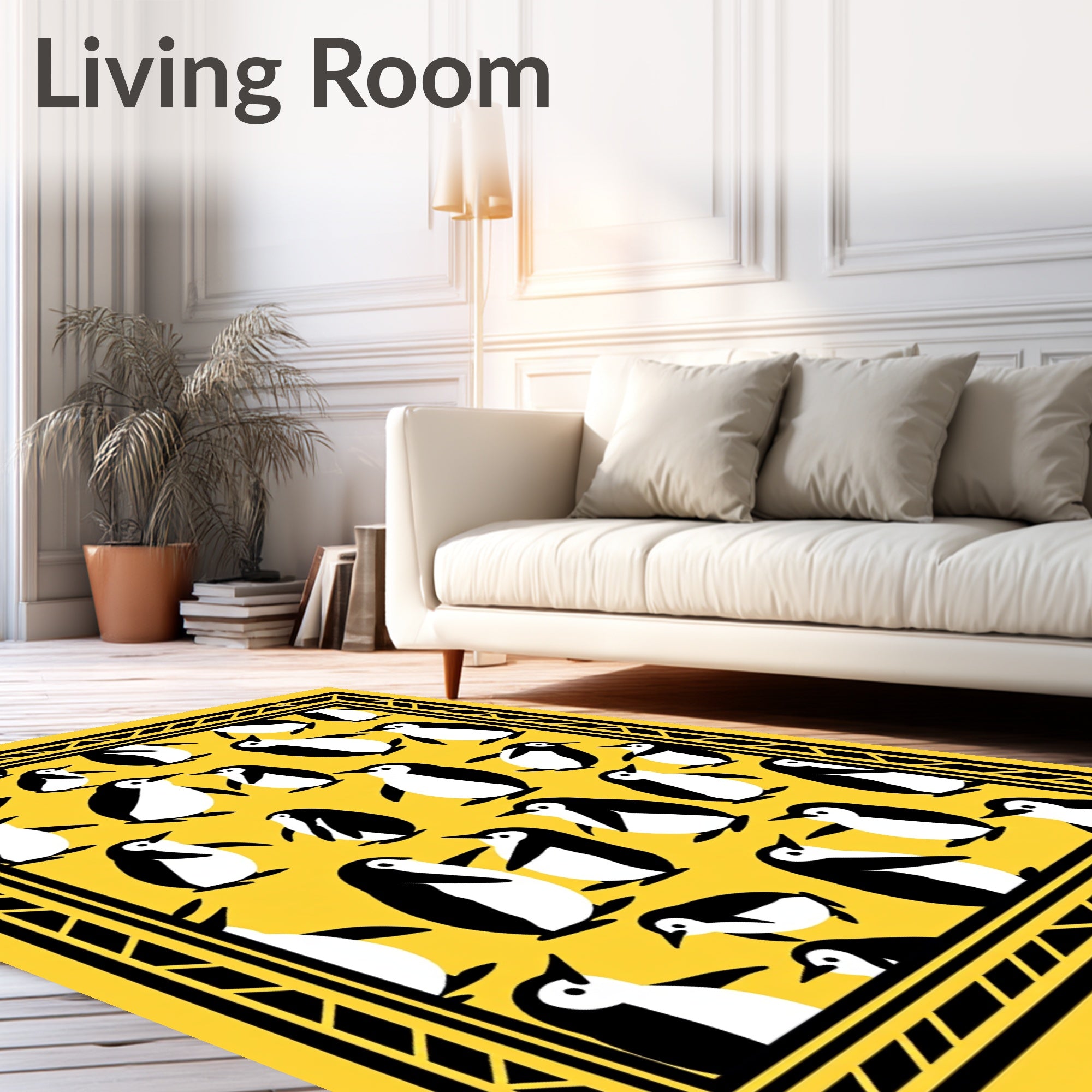 Playful Yellow Penguin Repeat Border Rug