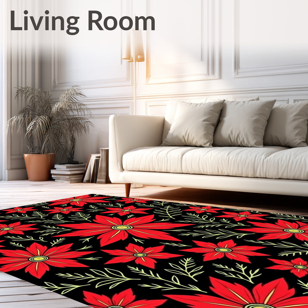 Vivid Red Blossom Black Garden Rug