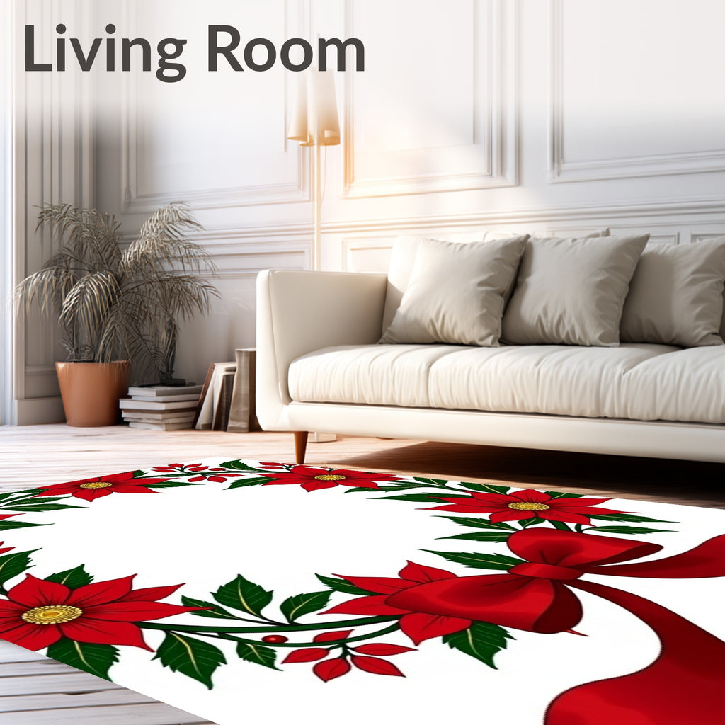 Red Floral Poinsettia Wreath Ribbon Accents Rug