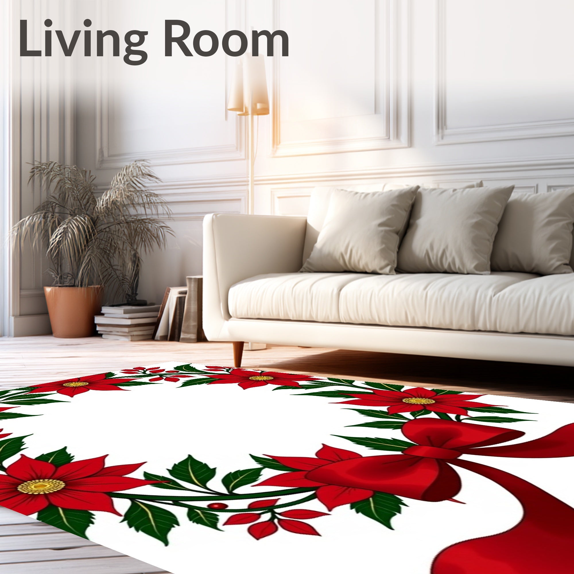Red Floral Poinsettia Wreath Ribbon Accents Rug