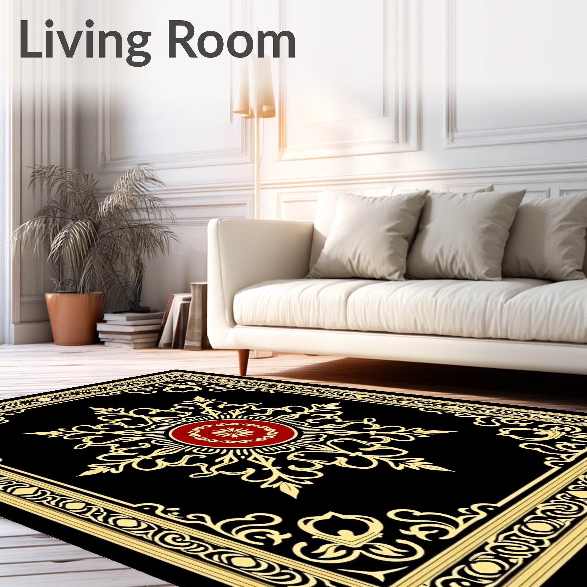 Black Gold Red Ornate Floral Medallion Rug
