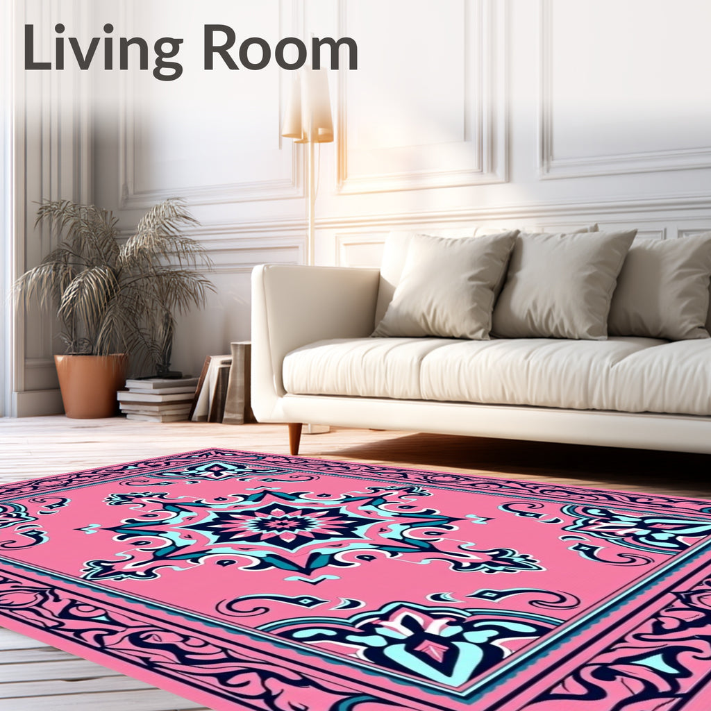 Pink Teal Floral Mandala Border Rug