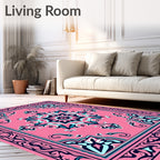 Pink Teal Floral Mandala Border Rug
