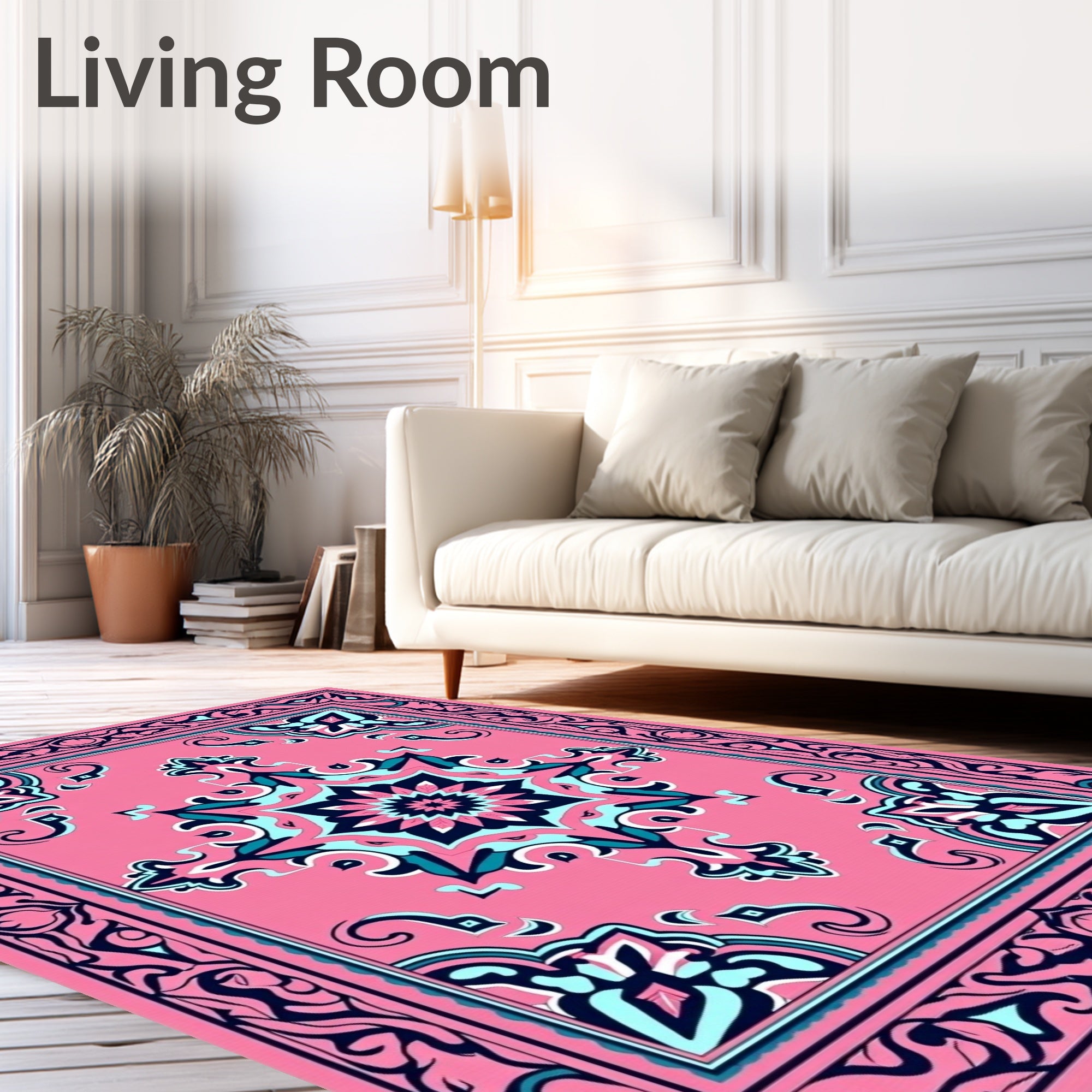 Pink Teal Floral Mandala Border Rug