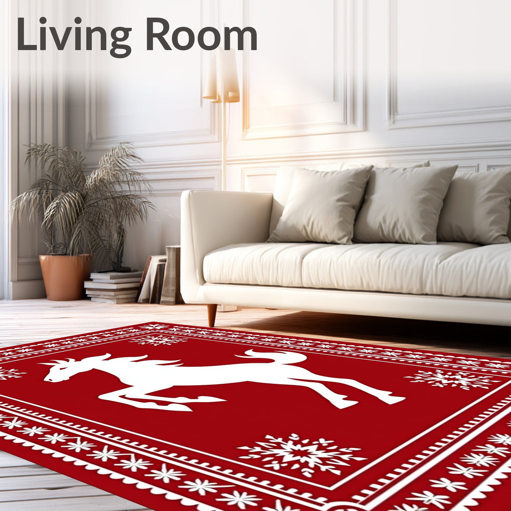 Bold Red Horse Snowflakes Border Rug