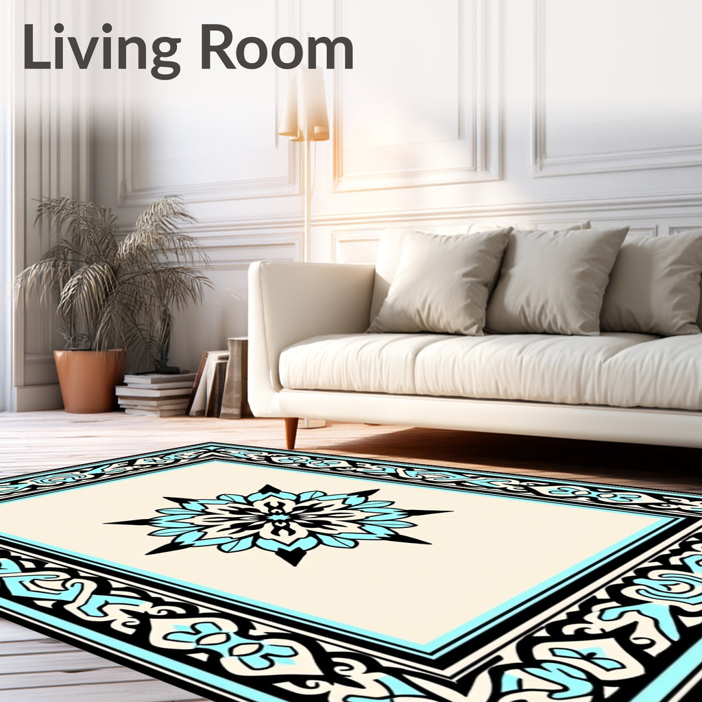 Light Beige Aqua Medallion Frame Rug