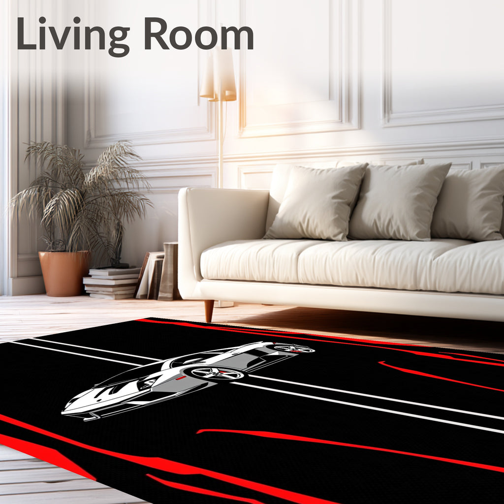 Silver Sports Car Red Black Striped Rug