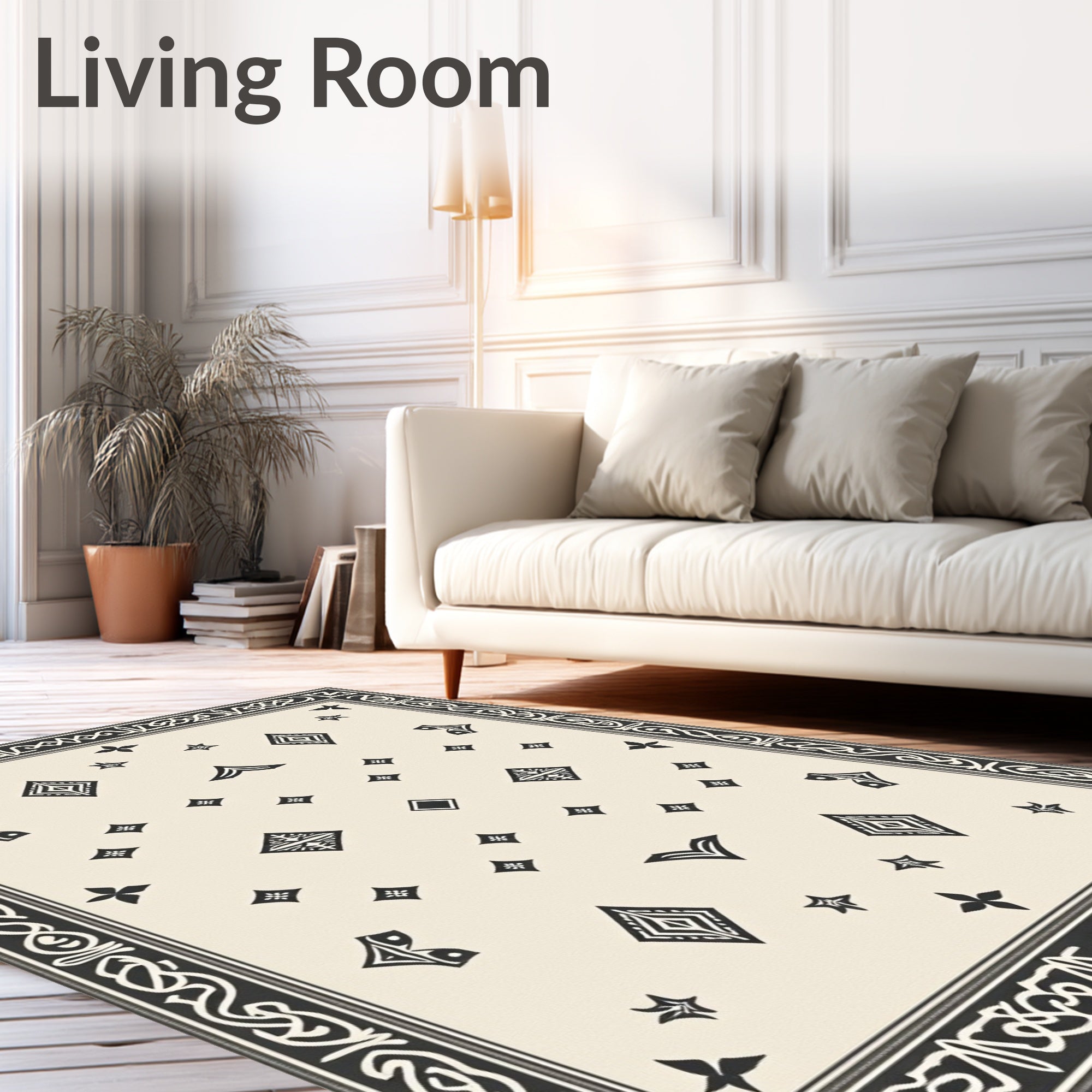 Cream Black Diamond Border Medallion Rug