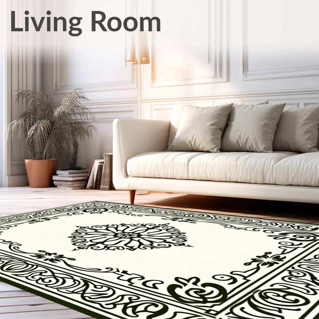 Elegant Cream Black Floral Medallion Border Rug