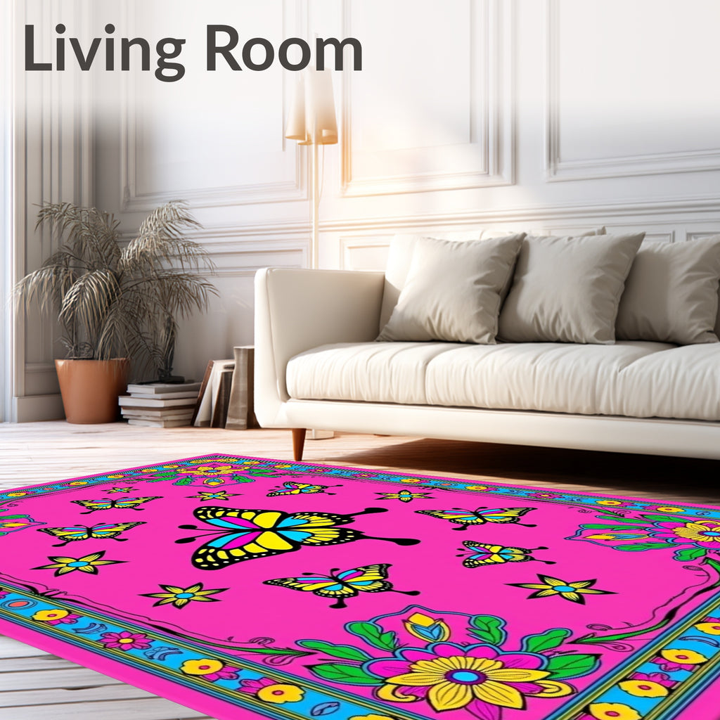 Vibrant Fuchsia Butterfly Floral Garden Rug